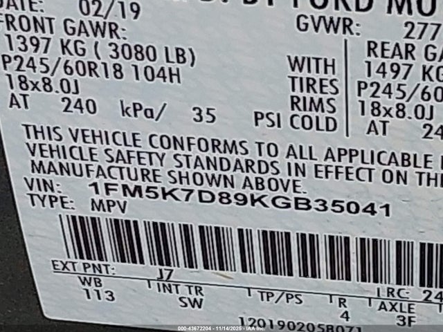 Ford EXPLORER XLT 2019 1FM5K7D89KGB35041 Image 9