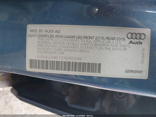2002 AUDI A4 WAULC68E12A040296 Photo 8