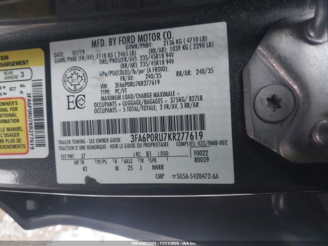 2019 FORD FUSION HYBRID 3FA6P0RU7KR277619 Photo 8