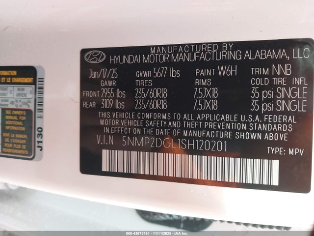 2025 Hyundai Santa Fe Sel მანქანა იყიდება აუქციონზე, vin: 5NMP2DGL1SH120201, აუქციონის ნომერი: 43672361