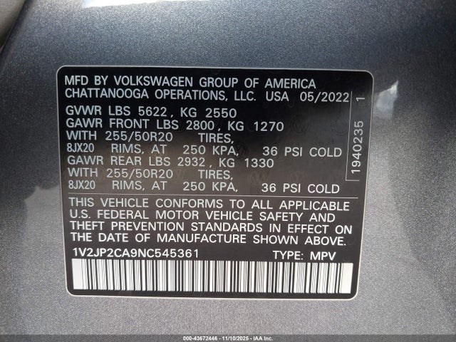 Volkswagen Atlas 2.0t Se W/technology 2022 1V2JP2CA9NC545361 Image 9