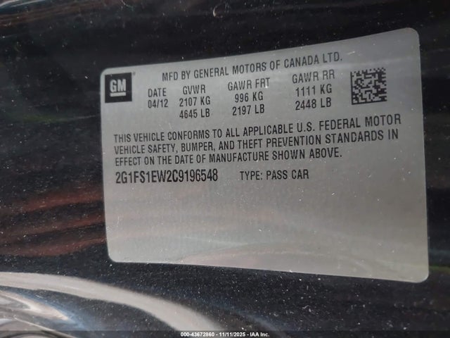 Auction sale of the 2012 Chevrolet Camaro 1ss, vin: 2G1FS1EW2C9196548, lot number: 43672860