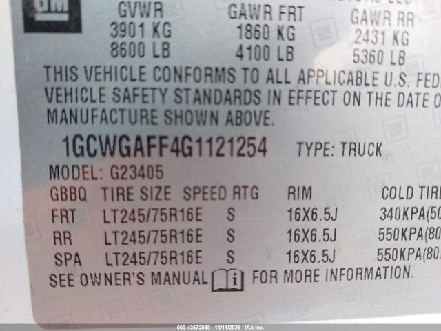 1GCWGAFF4G1121254 Chevrolet Express 2500 Work Van