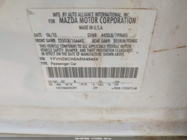 Aukcja sprzedaży 2010 Mazda Mazda6 I Touring Plus, vin: 1YVHZ8CH5A5M45454, numer aukcji: 43672956