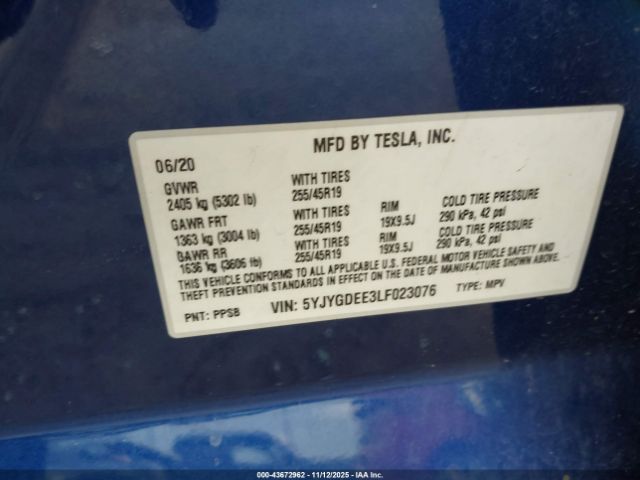 2020 TESLA MODEL Y 5YJYGDEE3LF023076 Photo 8