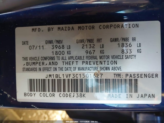 Aukcja sprzedaży 2012 Mazda Mazda3 I Touring, vin: JM1BL1VF3C1501627, numer aukcji: 43672964
