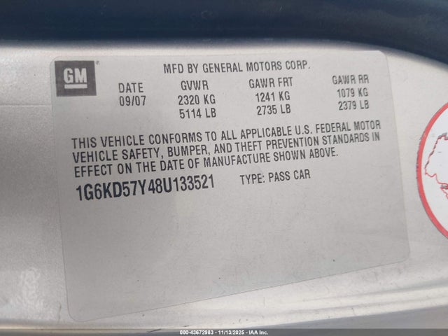 43672983 :رقم المزاد ، 1G6KD57Y48U133521 vin ، 2008 Cadillac Dts 1sd مزاد بيع