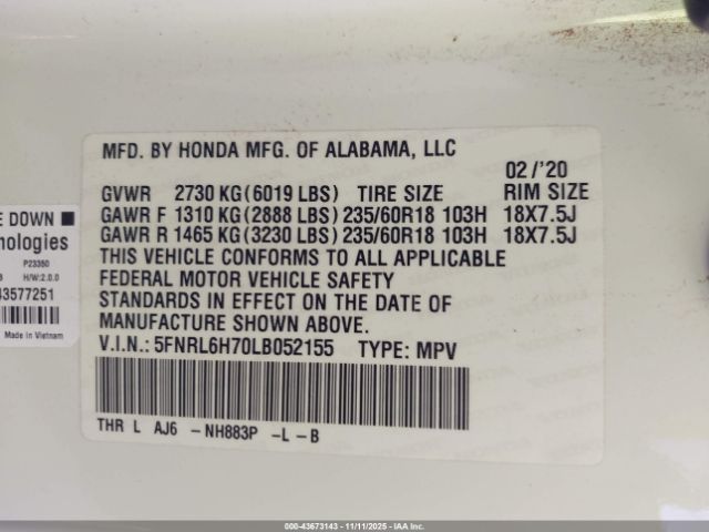 2020 HONDA ODYSSEY 5FNRL6H70LB052155 Photo 8