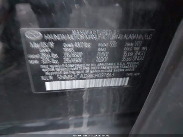 2019 Hyundai Santa Fe Se მანქანა იყიდება აუქციონზე, vin: 5NMS2CADXKH097863, აუქციონის ნომერი: 43673145