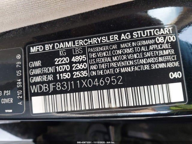 2001 Mercedes-benz E 430 4m მანქანა იყიდება აუქციონზე, vin: WDBJF83J11X046952, აუქციონის ნომერი: 43673201