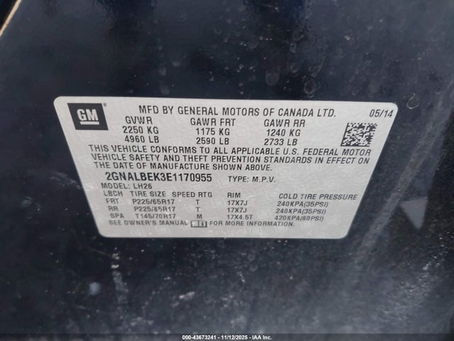 Chevrolet EQUINOX 1LT 2014 2GNALBEK3E1170955 Image 9
