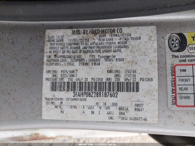 2008 FORD FUSION 3FAHP08Z28R187602 Photo 8