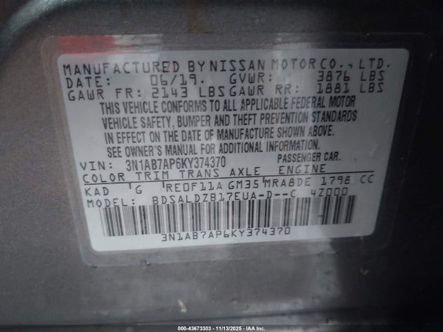Nissan SENTRA SV 2019 3N1AB7AP6KY374370 Image 9