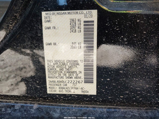 1N4BL4DV0LC222267 Nissan Altima Sv Fwd
