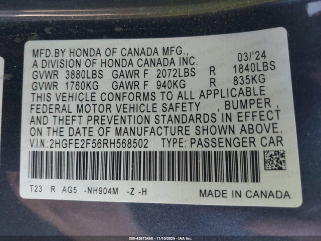 Honda Civic Sport 2024 2HGFE2F56RH568502 Image 9