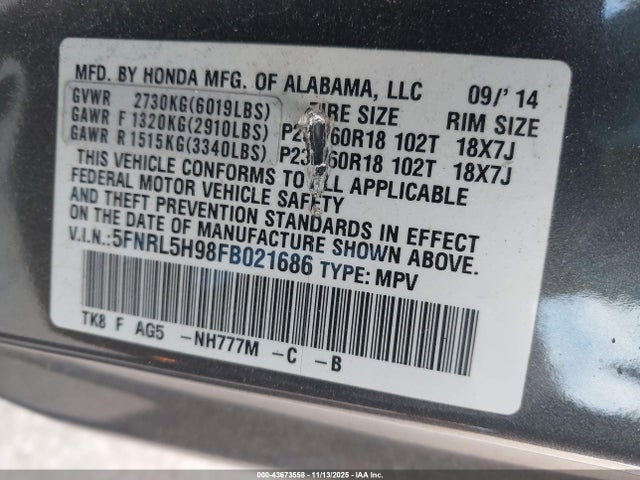 5FNRL5H98FB021686 Honda Odyssey Touring/touring Elite