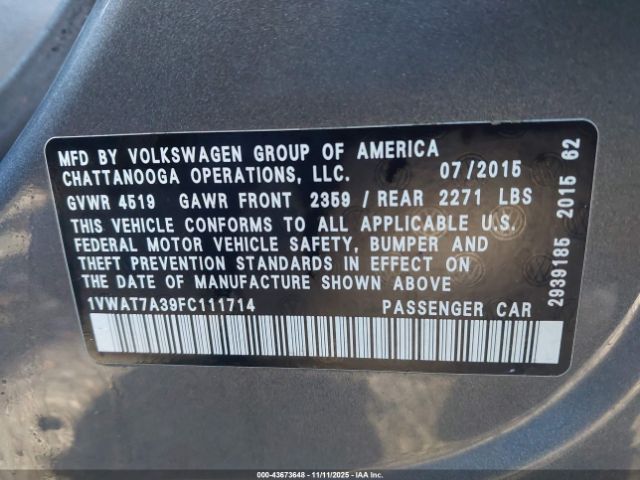 2015 VOLKSWAGEN PASSAT 1VWAT7A39FC111714 Photo 8