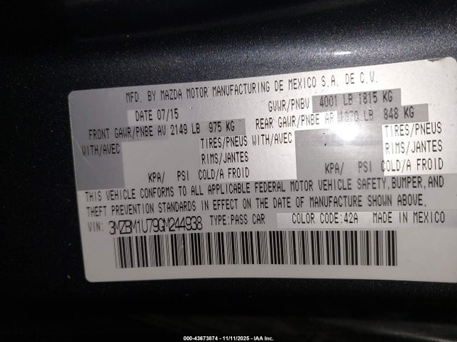Aukcja sprzedaży 2016 Mazda Mazda3 I Sport, vin: 3MZBM1U79GM244938, numer aukcji: 43673874