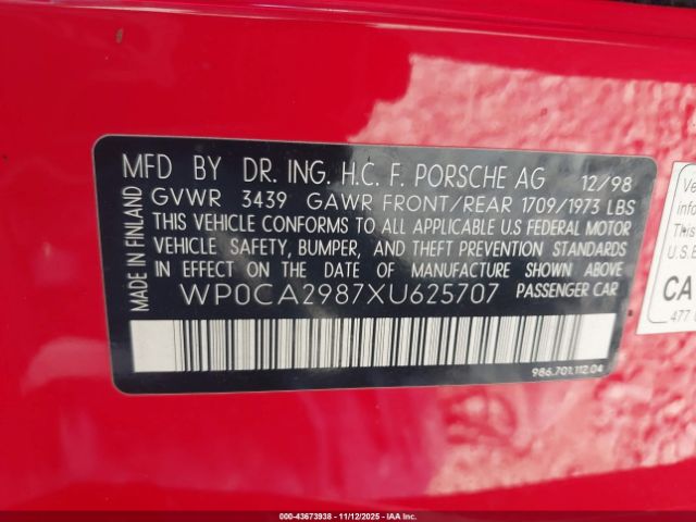 1999 PORSCHE BOXSTER WP0CA2987XU625707 Photo 8