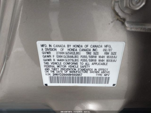 2008 ACURA MDX 2HNYD28448H502957 Photo 8