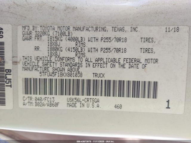 2019 TOYOTA TUNDRA 5TFUW5F18KX801038 Photo 8