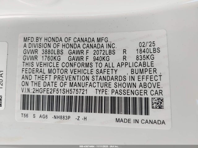 Honda Civic Sport 2025 2HGFE2F51SH575721 Image 9