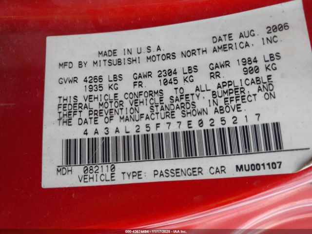 2007 MITSUBISHI ECLIPSE SPYDER 4A3AL25F77E025217 Photo 8