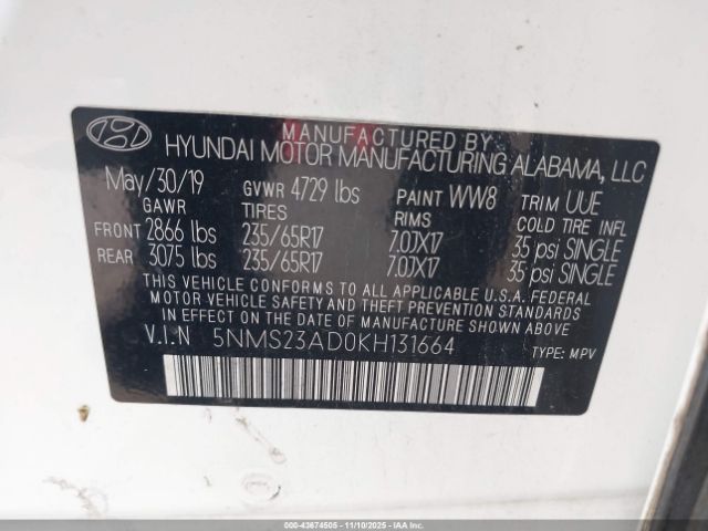 2019 HYUNDAI SANTA FE 5NMS23AD0KH131664 Photo 8