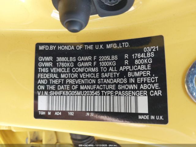 2021 HONDA CIVIC TYPE R SHHFK8G05MU203545 Photo 8