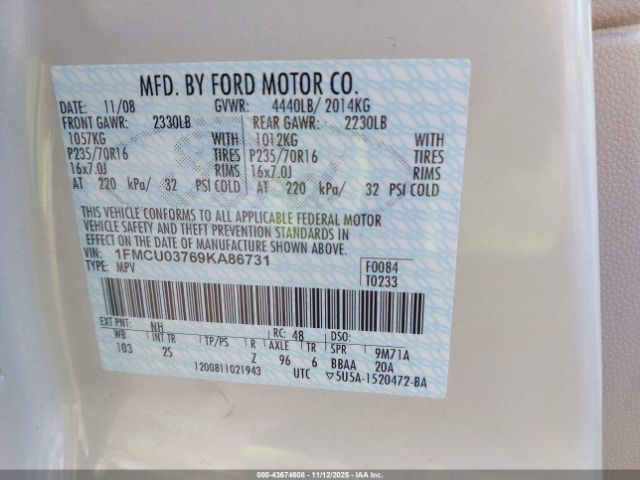 2009 FORD ESCAPE 1FMCU03769KA86731 Photo 8