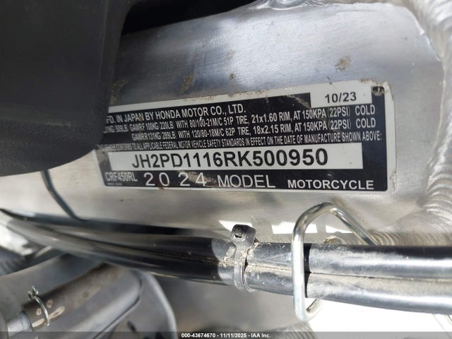 2024 HONDA CRF450 JH2PD1116RK500950 Photo 9