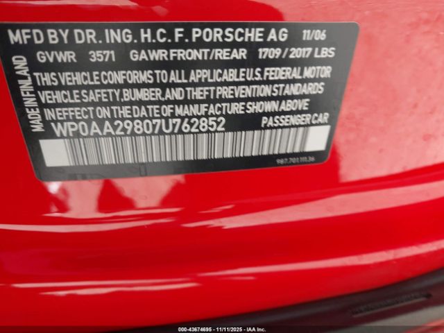 2007 PORSCHE CAYMAN WP0AA29807U762852 Photo 8