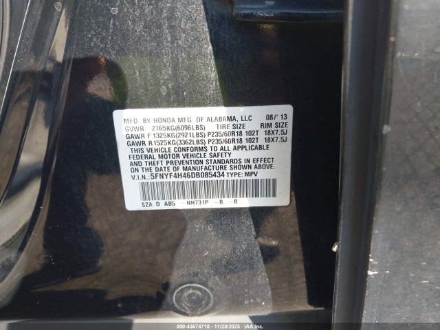 Продаж на аукціоні авто 2013 Honda Pilot Ex, vin: 5FNYF4H46DB085434, номер лоту: 43674718