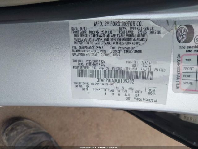 2012 FORD FUSION 3FAHP0JA0CR109302 Photo 8