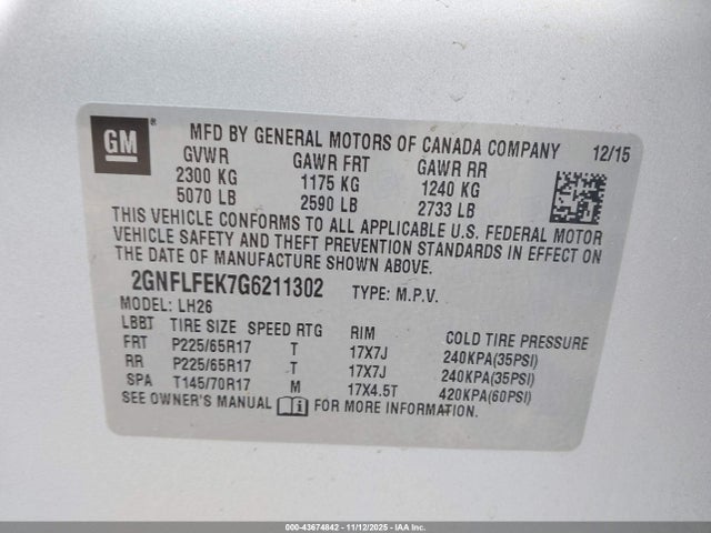 Aukcja sprzedaży 2016 Chevrolet Equinox Lt, vin: 2GNFLFEK7G6211302, numer aukcji: 43674842