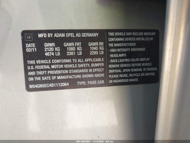 Продаж на аукціоні авто 2011 Buick Regal Cxl Russelsheim, vin: W04GN5EC4B1112064, номер лоту: 43675007