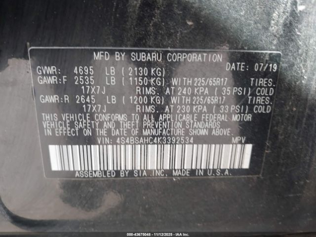 2019 SUBARU OUTBACK 4S4BSAHC4K3392534 Photo 8