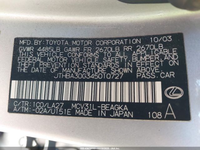 2004 LEXUS ES 330 JTHBA30G345010727 Photo 8