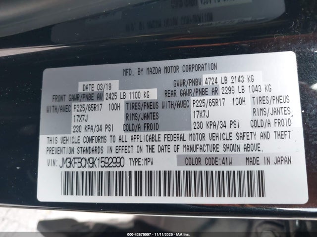 43675097 :رقم المزاد ، JM3KFBCM9K1592990 vin ، 2019 Mazda Cx-5 Touring مزاد بيع