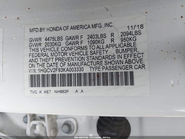 1HGCV2F93KA003330 Honda Accord Touring 2.0t