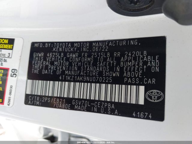 2022 TOYOTA CAMRY 4T1KZ1AK9NU070225 Photo 8