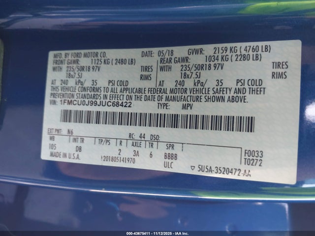 2018 Ford Escape Titanium მანქანა იყიდება აუქციონზე, vin: 1FMCU0J99JUC68422, აუქციონის ნომერი: 43675411