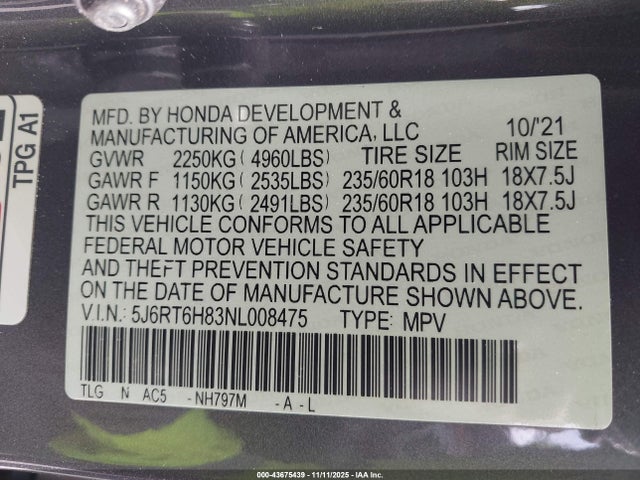 5J6RT6H83NL008475 Honda Cr-v Hybrid Ex-l