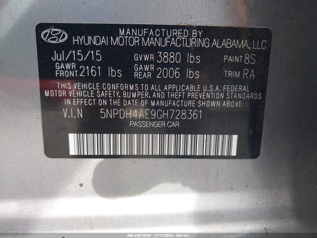 5NPDH4AE9GH728361 Hyundai ELANTRA SE