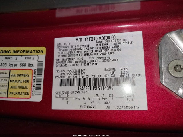 1FA6P8THXL5114395 Ford Mustang Ecoboost Fastback