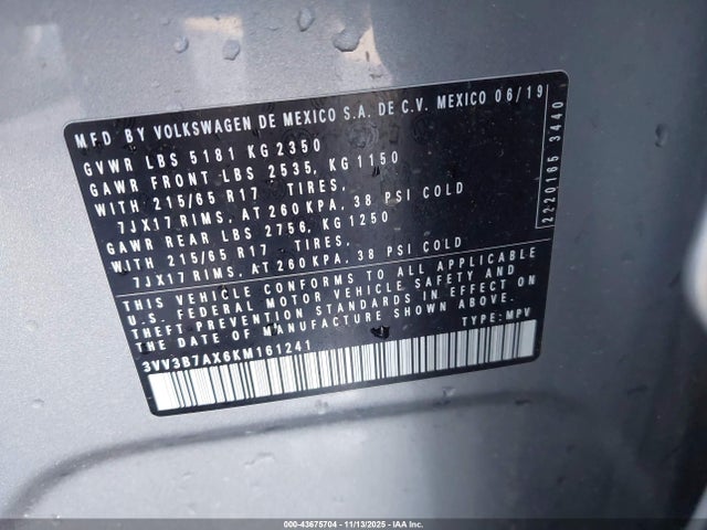 Aukcja sprzedaży 2019 Volkswagen Tiguan 2.0t Se/2.0t Sel/2.0t Sel R-line/2.0t Sel R-line Black, vin: 3VV3B7AX6KM161241, numer aukcji: 43675704