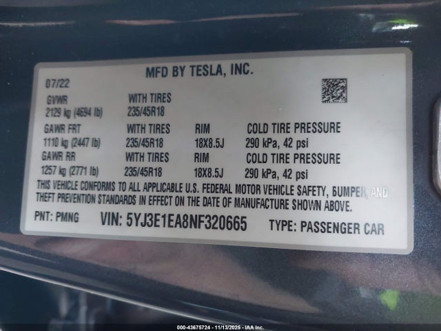 Продаж на аукціоні авто 2022 Tesla Model 3 Rear-wheel Drive, vin: 5YJ3E1EA8NF320665, номер лоту: 43675724