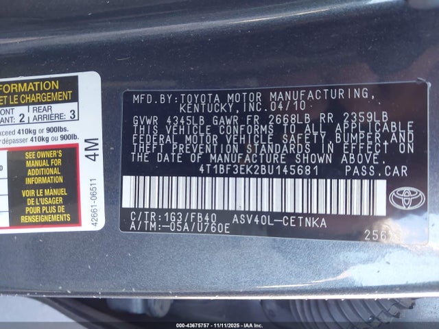 Продажа на аукционе авто 2011 Toyota Camry Le, vin: 4T1BF3EK2BU145681, номер лота: 43675757