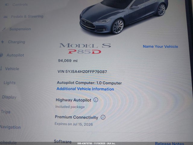 Tesla Model S 70d/85d/p85d 2015 5YJSA4H20FFP79087 Image 15