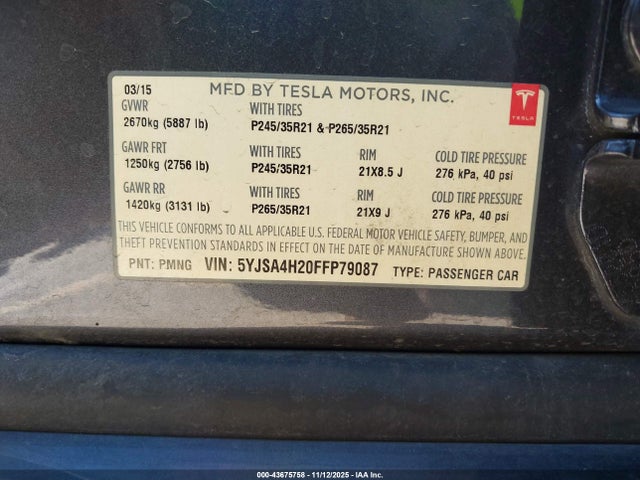 2015 TESLA MODEL S 5YJSA4H20FFP79087 Photo 8